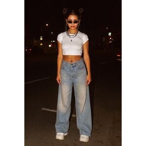 ME+EM Baggy Wide Leg Jeans Soft Denim Dirty Wash Light Blue 26 Frayed Hem